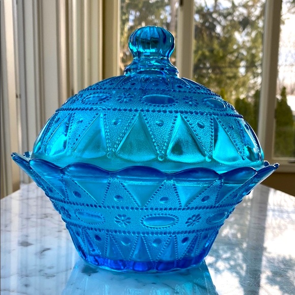Kemper Wheaton • Blue Glass Lidded Bowl • Depression Glass - Picture 3 of 5